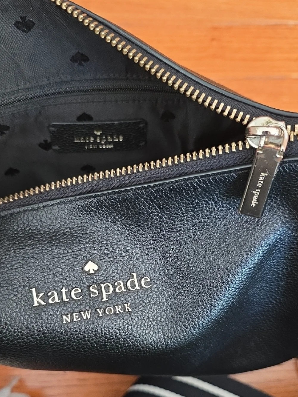 Kate Spade Large Rosie Black Leather Crossbody Bag with Striped And Solid Strap